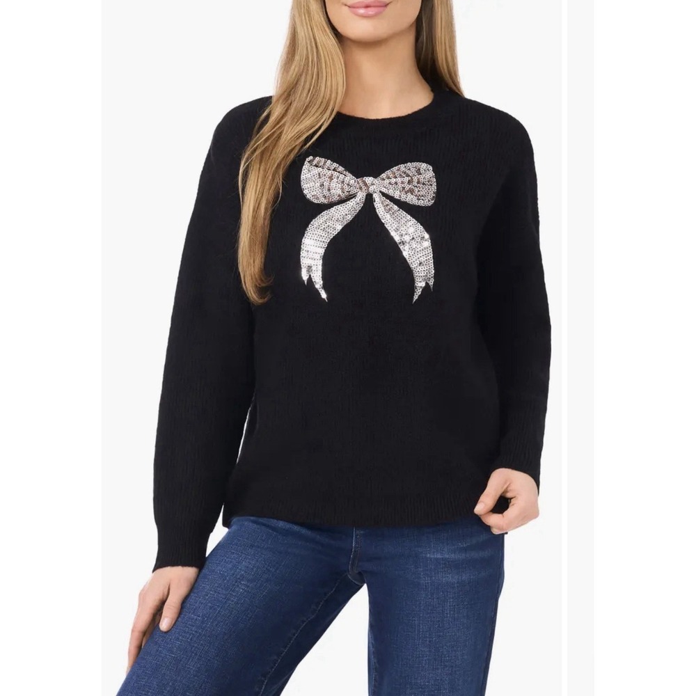 CeCe Women's Black W Silver Sequin Bow Crewneck Long Sleeve Festive Sweater Sz L